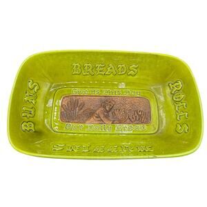 Vtg TREASURE CRAFT green Bread Roll Bun Bowl Give Us Our Daily Bread USA Pottery
